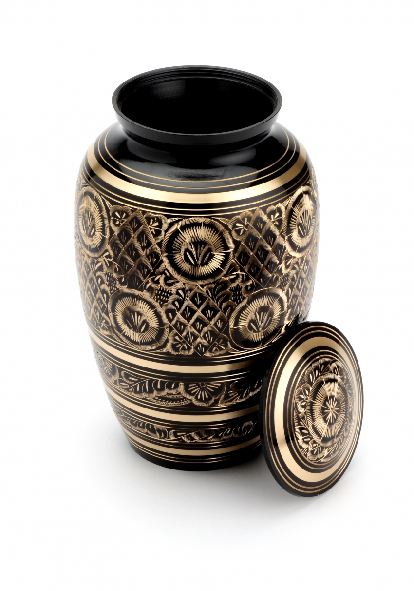 GLOUCESTER BLACK CREMATION ASHES URN WITH LID OFF