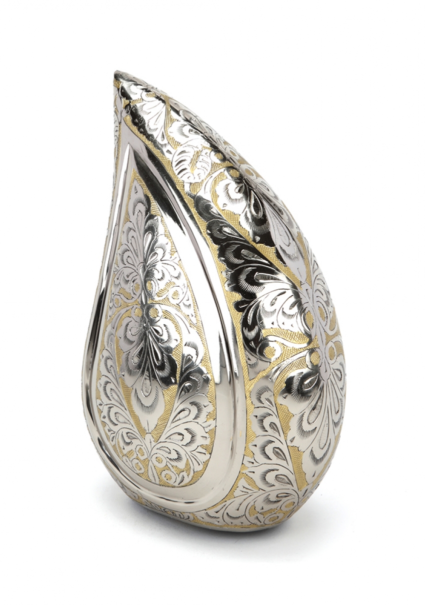 TORQUAY TEARDROP SILVER & GOLD ENGRAVED CREMATION ASHES URN