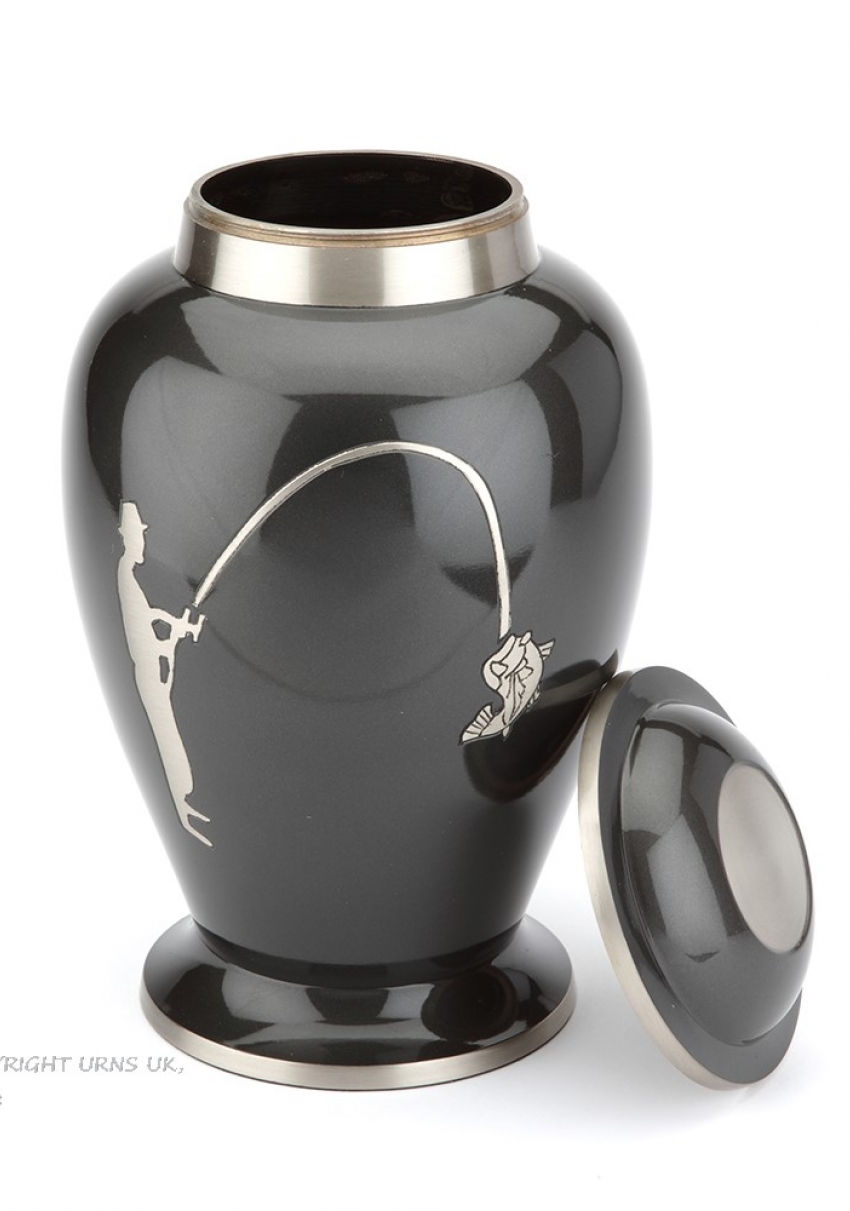 HOBBY FISHING GREY CREMATION ASHES URN WITH LID OFF